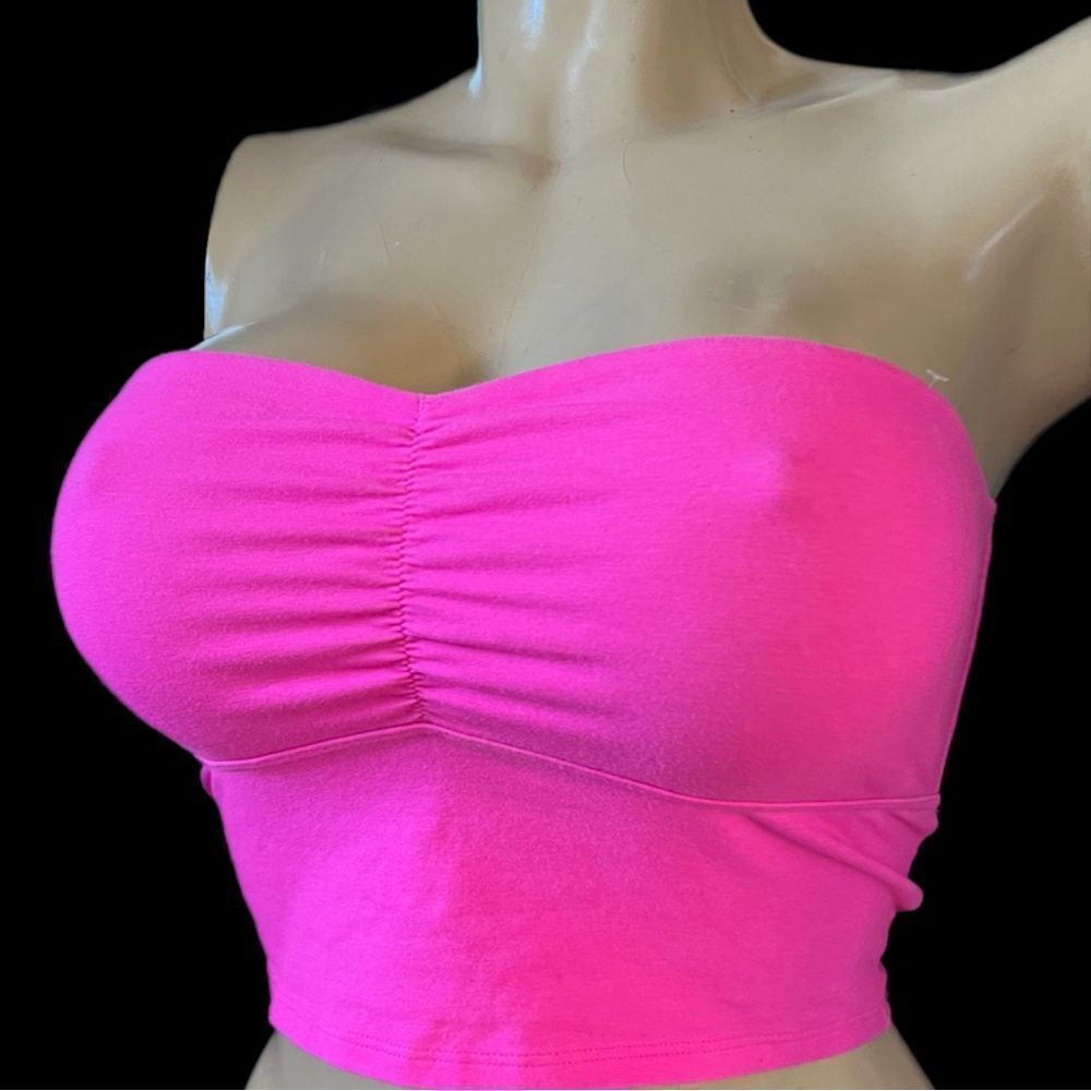 Victorias Secret Pink Cotton Strapless Unlined Bandeau ruched front long bra L